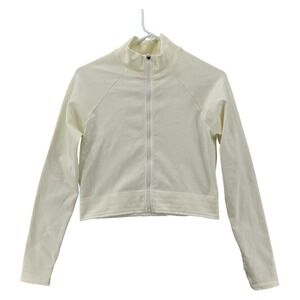 Fabletics Jacket Womens Large Ivory Ribbed Stretch Active Run Gym Zip Up NWT
